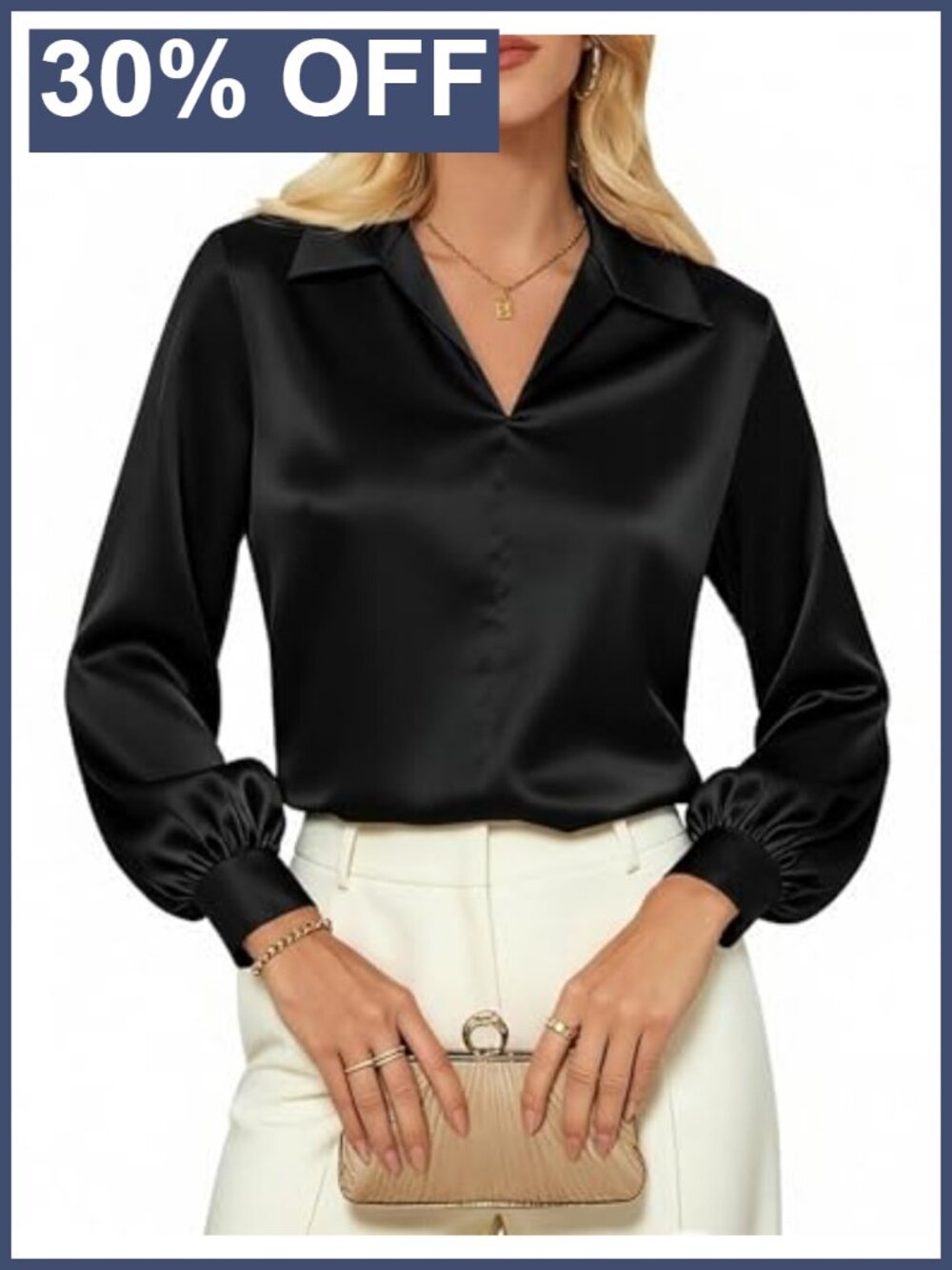 Satin Silk Long Sleeve V-Neck Collared Blouse - Women's Dressy Casual Top